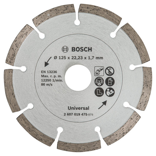 Cirkelsågblad från Bosch, Ø 125 x 22,23 x 1,7 mm, max. 12,250 r/min, 80 m/s, med säkerhetsikoner.