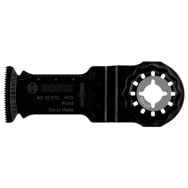 Multiverktygsblad från Bosch, modell AIZ 32 EPC, HCS, för träbearbetning. Text: CURVED-TEC, Swiss Made.