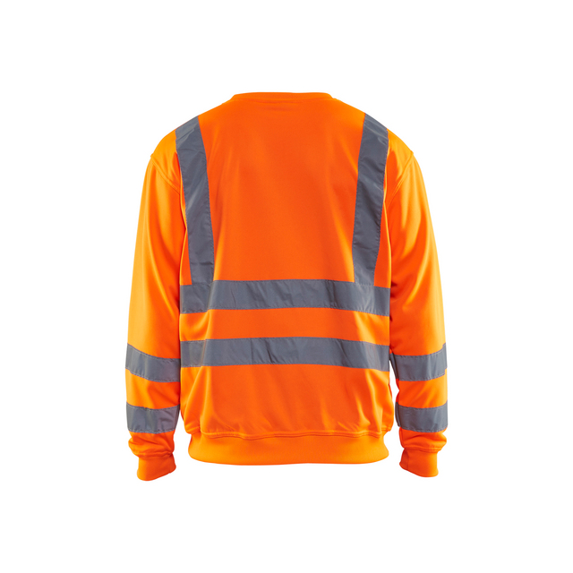 Orange reflexjacka med gråa reflexband över ryggen och ärmarna.