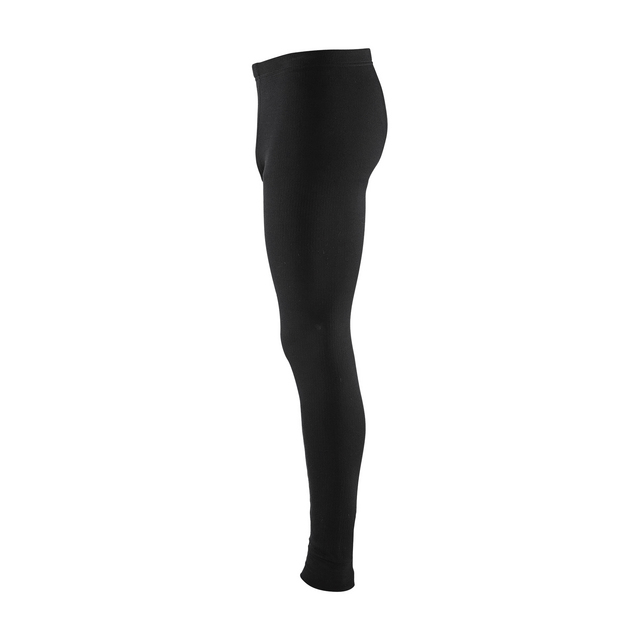Svarta leggings visade från sidan mot en vit bakgrund.