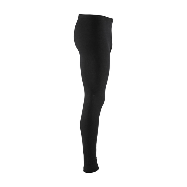 Svart, lång, enkel tights sedd från sidan, utan synliga märken eller detaljer.