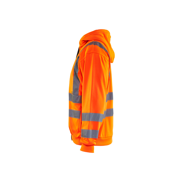 Orange hoodie med reflexband och huva, sedd från sidan.