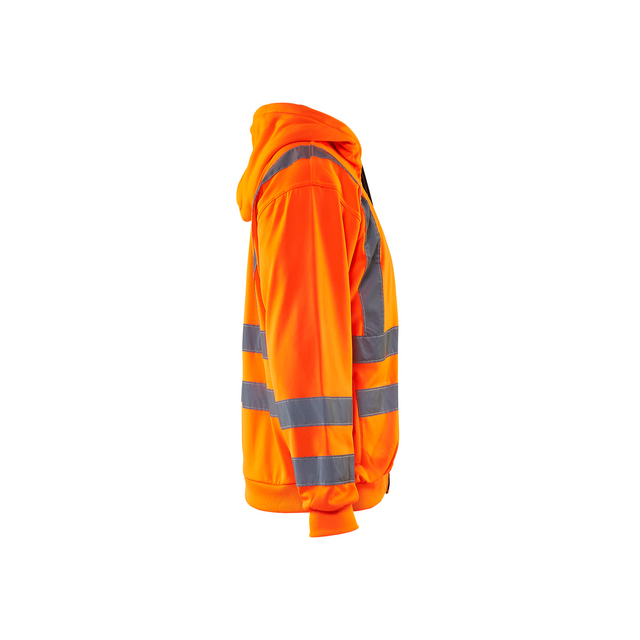 Orange varseljacka med huva och grå reflexband, sedd från sidan.