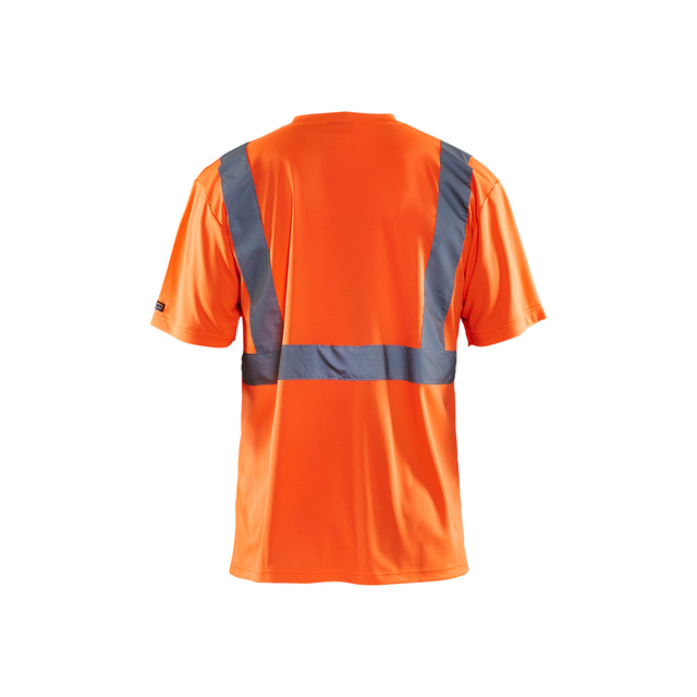 Orange tröja med blå reflexband i V-form och runt midjan.