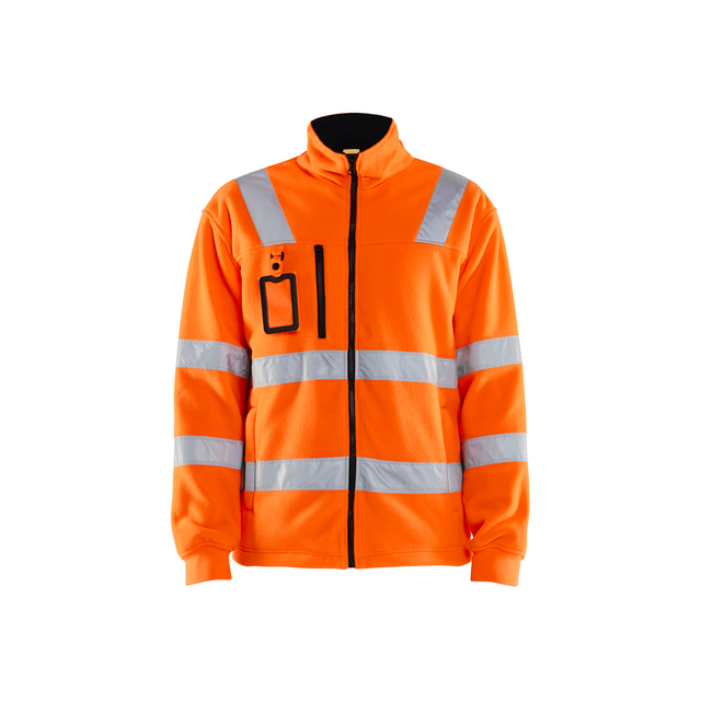 Orange fleecejacka med reflexband på bröst och ärmar, svart dragkedja och ID-korthållare på vänster sida.