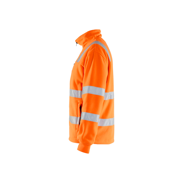 Orange jacka med silverreflexer runt överkroppen och ärmarna, sedd från sidan.
