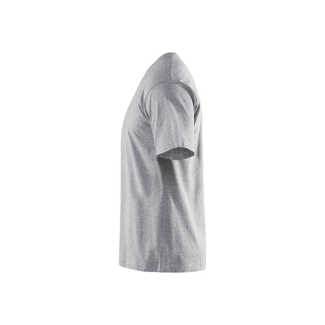 Grå t-shirt sedd från sidan, kortärmad och utan tryck.