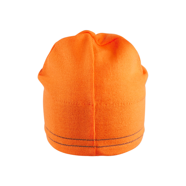 Orange mössa med dubbla svarta sömmar vid kanten.