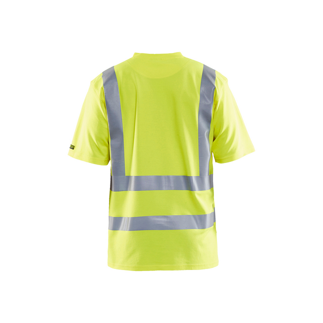 Gul t-shirt med reflexband över rygg och axlar.