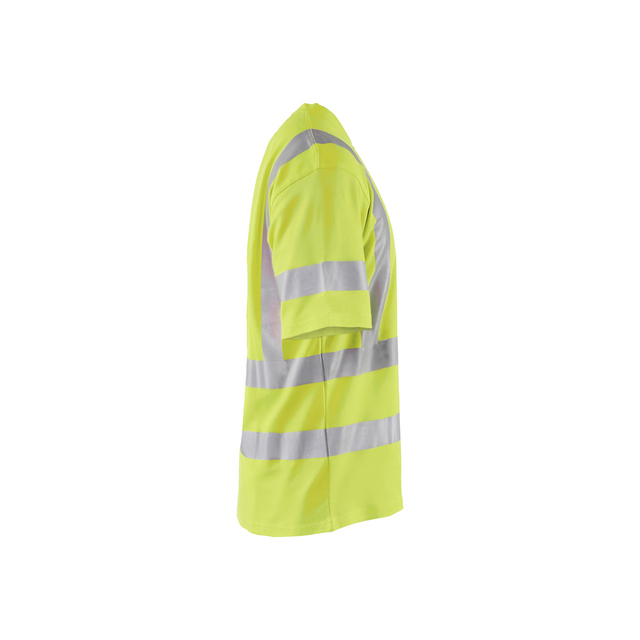 Gul T-shirt med reflexränder, sedd från sidan.