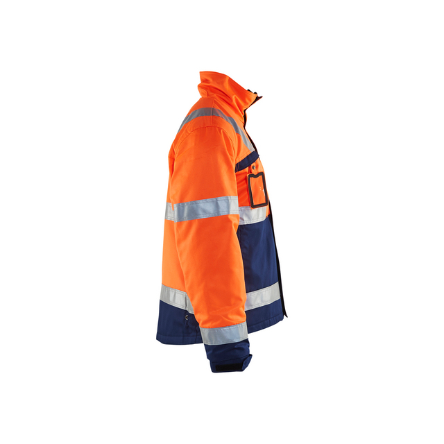 Orange och marinblå arbetsjacka med reflekterande ränder och bröstficka, visad i profil.