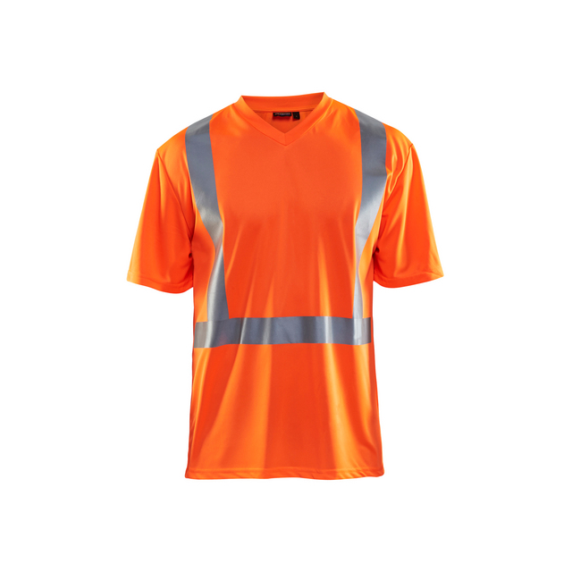 Orange t-shirt med reflexband över axlar och runt midjan.