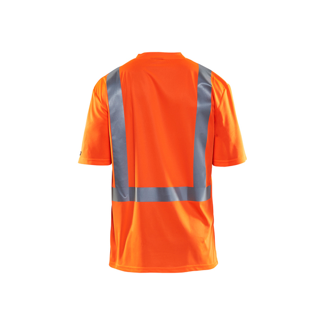 Orange t-shirt med grå reflektiva ränder på baksidan i form av ett H-mönster.