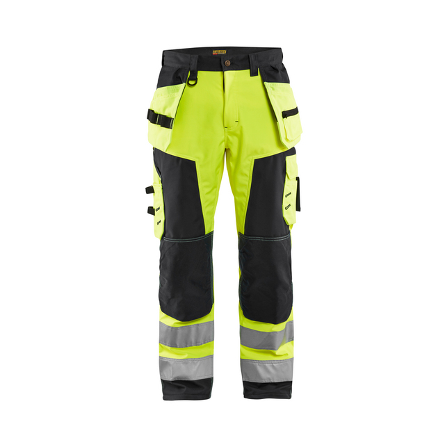Arbetsbyxor i neongul och svart med reflexband och flera fickor.
