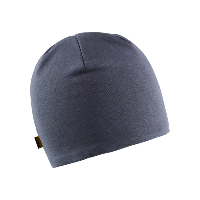 Mörkgrå stickad mössa med enkel design.