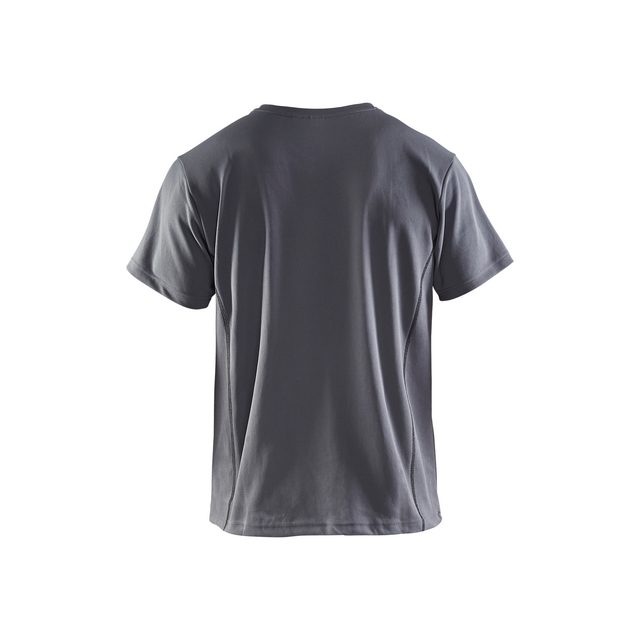 Grå t-shirt bakifrån, kortärmad med rund hals.