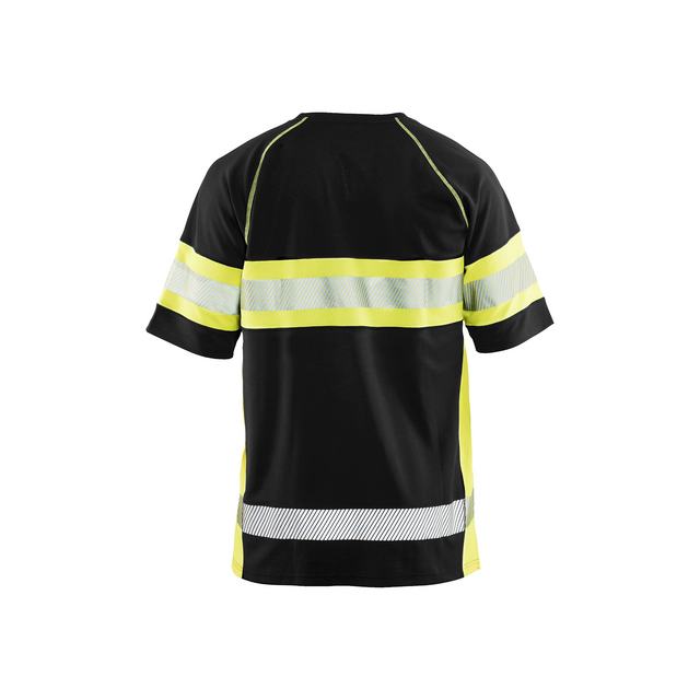 Svart t-shirt med gula och reflekterande vita horisontella ränder.