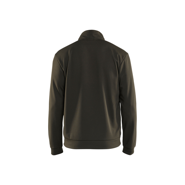 Mörkgrön jacka sedd bakifrån, med lång ärm och krage.