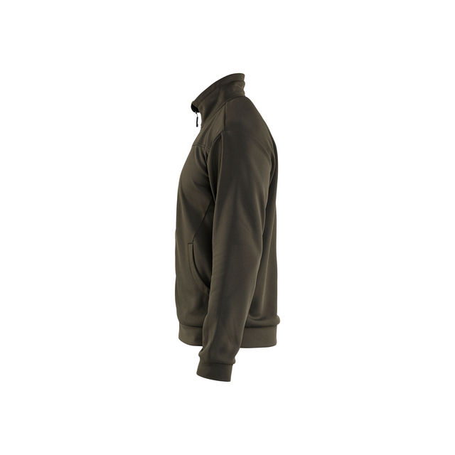 Grön jacka i profil med hög krage och dragkedja, sidfickor synliga.