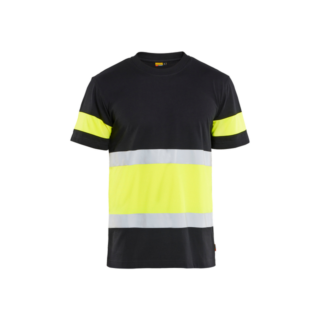 Svart och varselgul T-shirt med reflekterande ränder på bröst och ärmar.