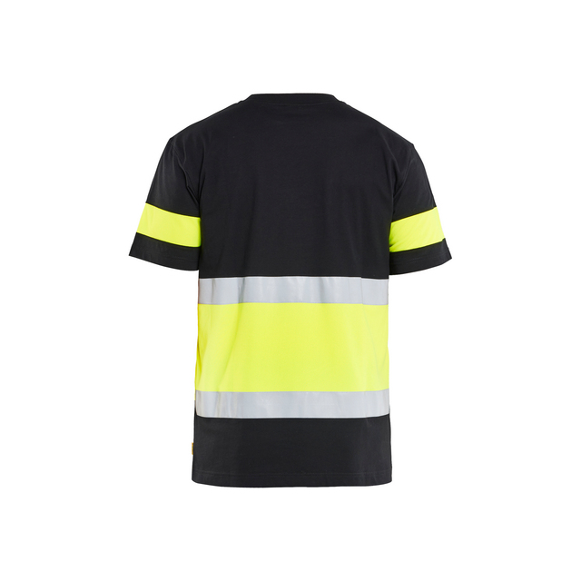 Svart och neongul t-shirt med reflexränder baktill.