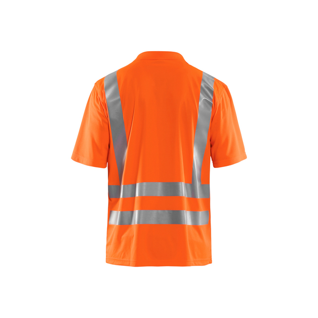 Orange reflekterande säkerhetsskjorta med silverfärgade reflexband på baksidan i V- och horisontellt mönster.