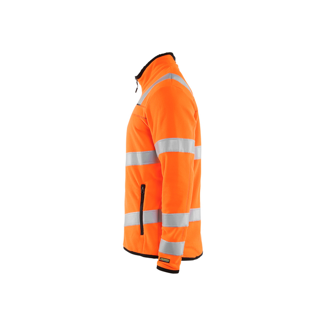 Orange arbetsjacka med reflexband runt överarmar och midja, svart dragkedja och kantdetaljer.