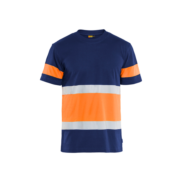 Marinblå t-shirt med orange och vita horisontella ränder över bröst och ärmar.