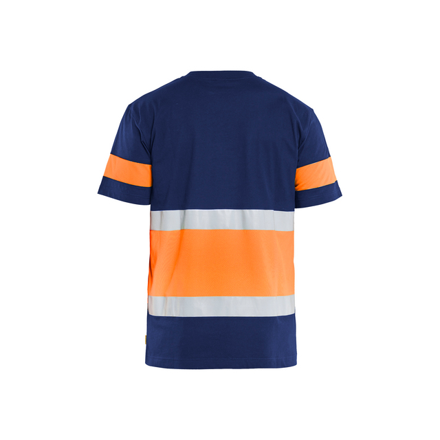 Mörkblå t-shirt med orange och vita reflexränder på ärmar och midja, sedd bakifrån.