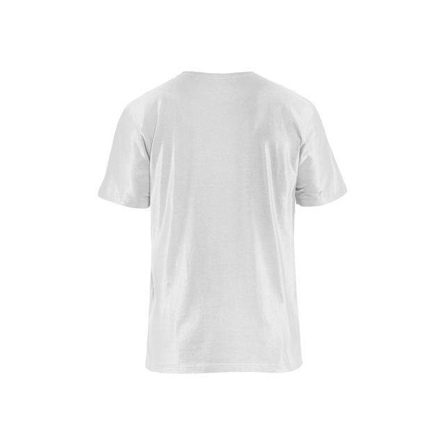 Vit T-shirt bakifrån mot en vit bakgrund.