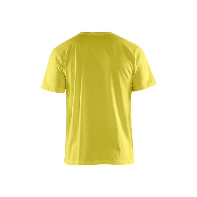 Gul kortärmad T-shirt sedd bakifrån mot vit bakgrund.