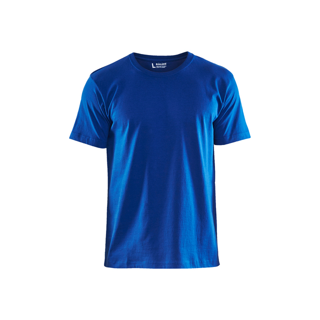 En kornblå t-shirt med rund hals och korta ärmar.