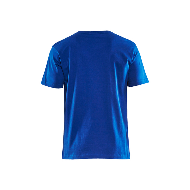 Blå T-shirt bakifrån med korta ärmar och rund hals.