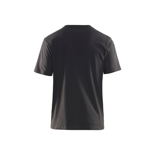 Svart T-shirt sedd bakifrån på vit bakgrund.