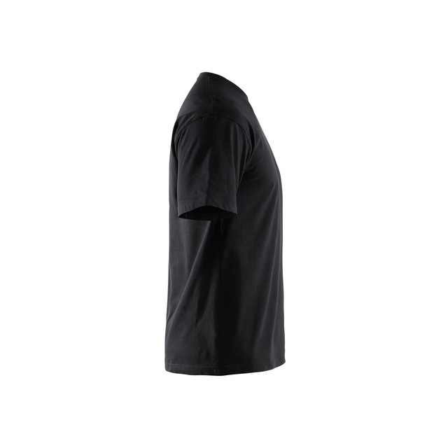 Svart kortärmad T-shirt sedd från sidan, mot en vit bakgrund.