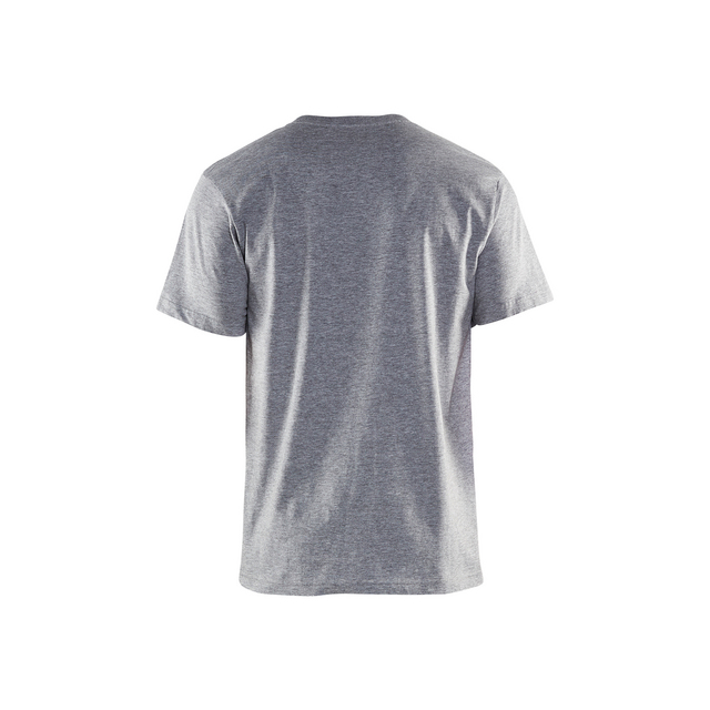 Grå t-shirt sedd bakifrån, med korta ärmar och rund hals.