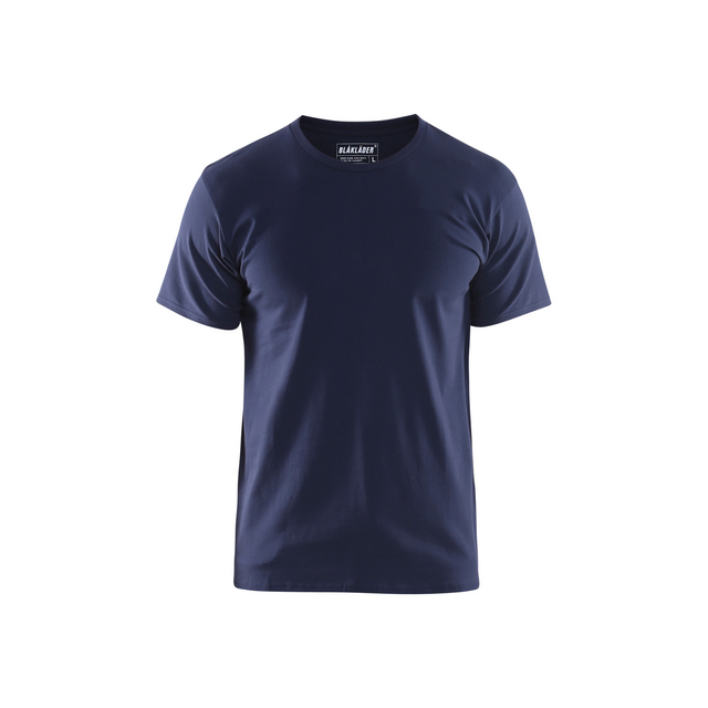 Marinblå T-shirt med rund hals och korta ärmar, synligt märke i nacken.