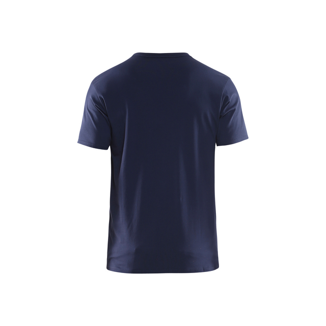 Mörkblå t-shirt sedd bakifrån, med korta ärmar och rund hals.