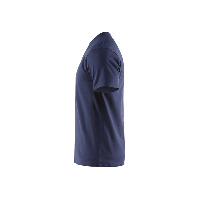 Mörkblå T-shirt, sidosikt, kort ärm, på vit bakgrund.