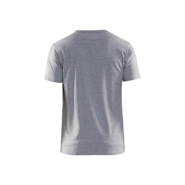 Grå t-shirt sedd bakifrån på vit bakgrund.