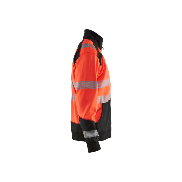 Orange och svart arbetsjacka med reflekterande, horisontella ränder i silver.