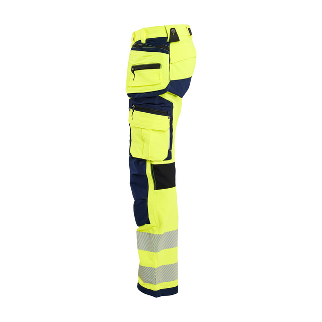 Gula och blå arbetsbyxor med flera fickor och reflexband på benen.
