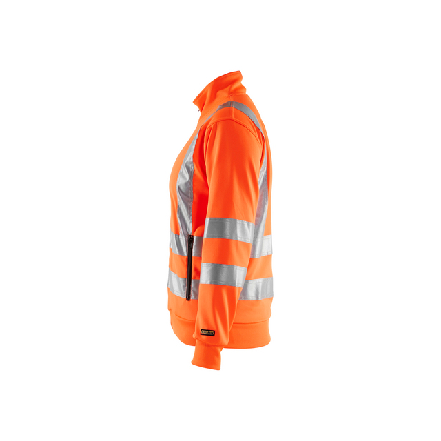 Orange reflexjacka med horisontella och vertikala silverfärgade reflexband, sedd från sidan.