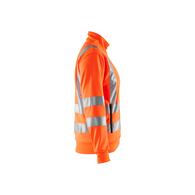 Orange jacka med silverreflexer och ståkrage, sedd från sidan.