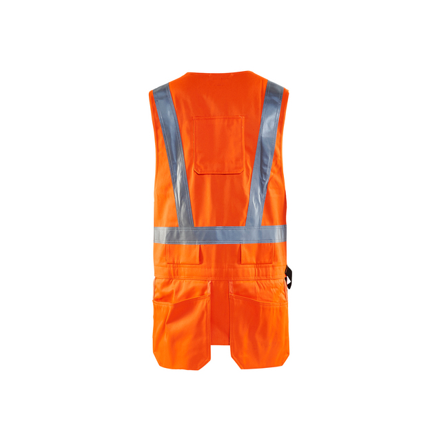 Orange reflexväst med gråa reflexband i form av ett X på ryggen, och fickor nedtill.