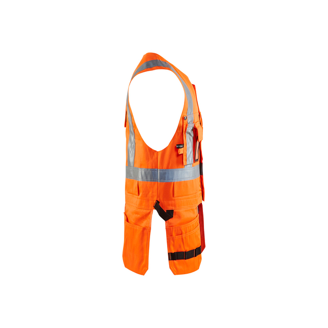 Orange arbetsväst med reflexband, flera fickor och kardborreband.