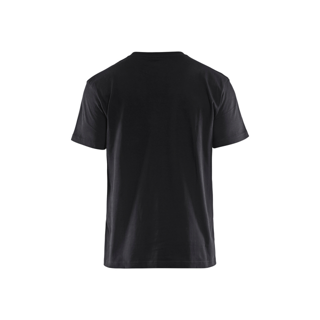 Svart t-shirt sedd bakifrån mot vit bakgrund.