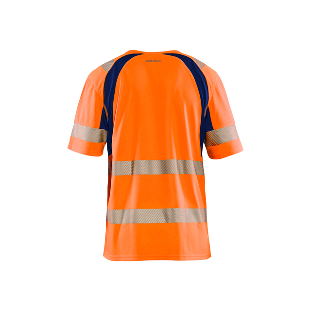 Orange och blå kortärmad tröja med reflexband runt torso och ärmar.