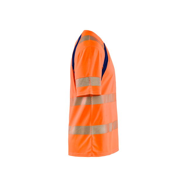 Orange reflexväst med horisontella och vertikala reflexband.
