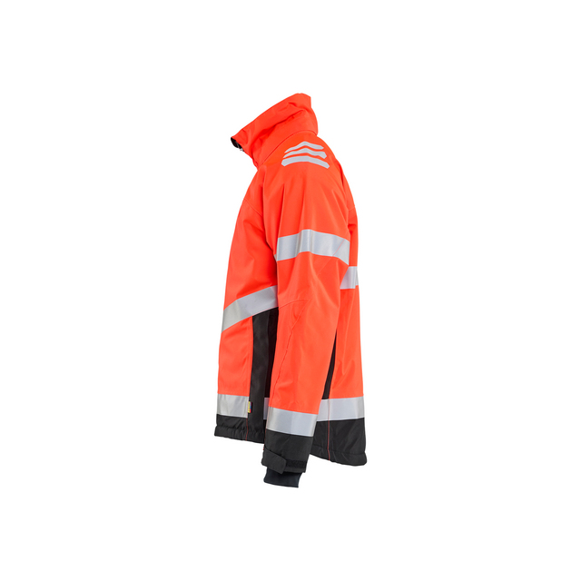 Orange varseljacka med reflexband på ärmar och kropp, samt svart sektion vid underarmarna.